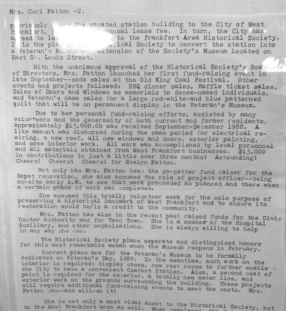 Historical document about Evelyn Patton's fundraising for the museum