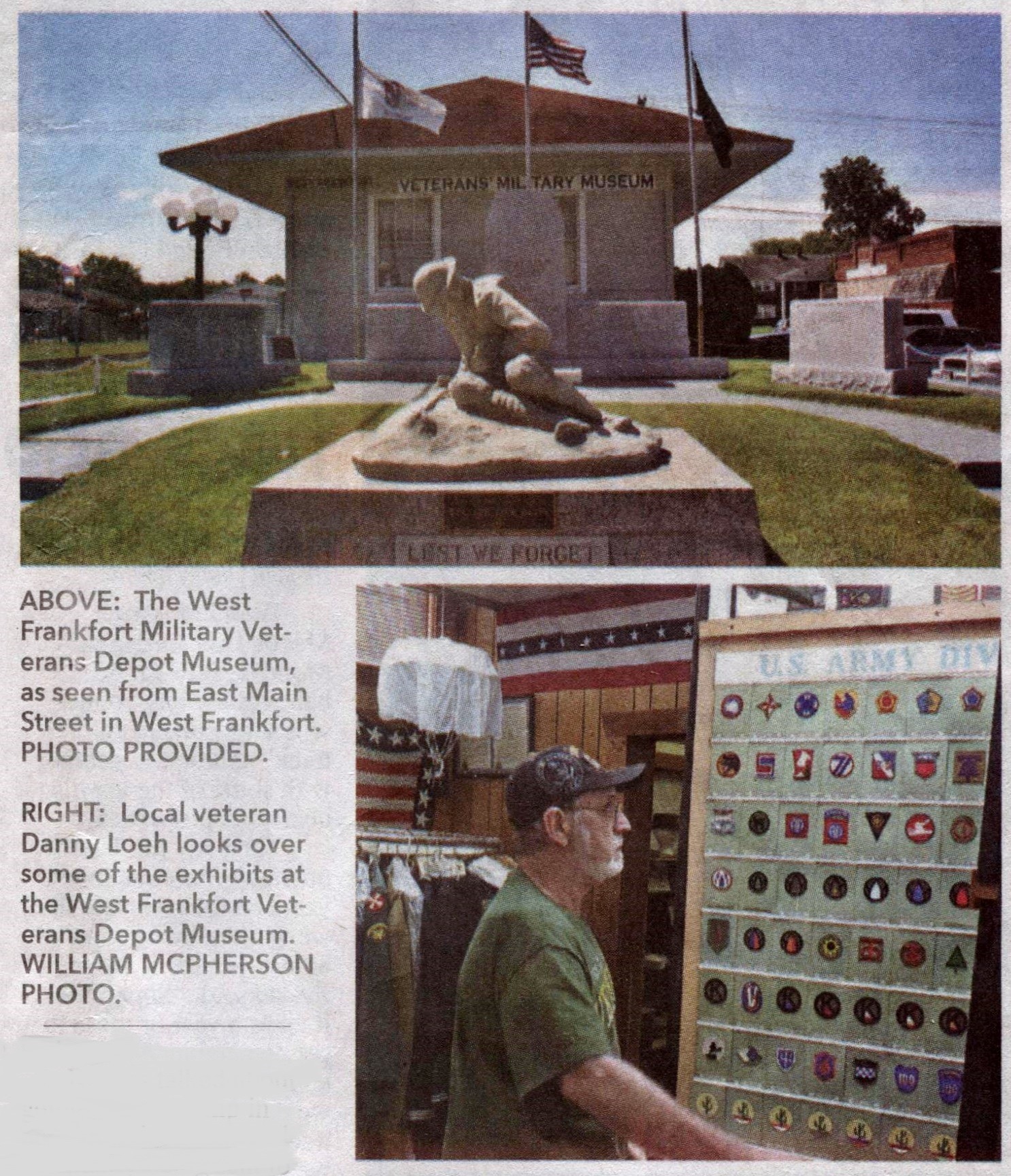 Museum exterior with kneeling soldier statue and a veteran viewing patches